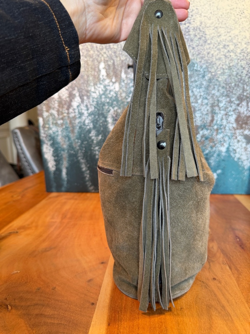 Vintage Boho Western Suede Leather Fringe Shoulder Bag Olive Green - Picture 10 of 17